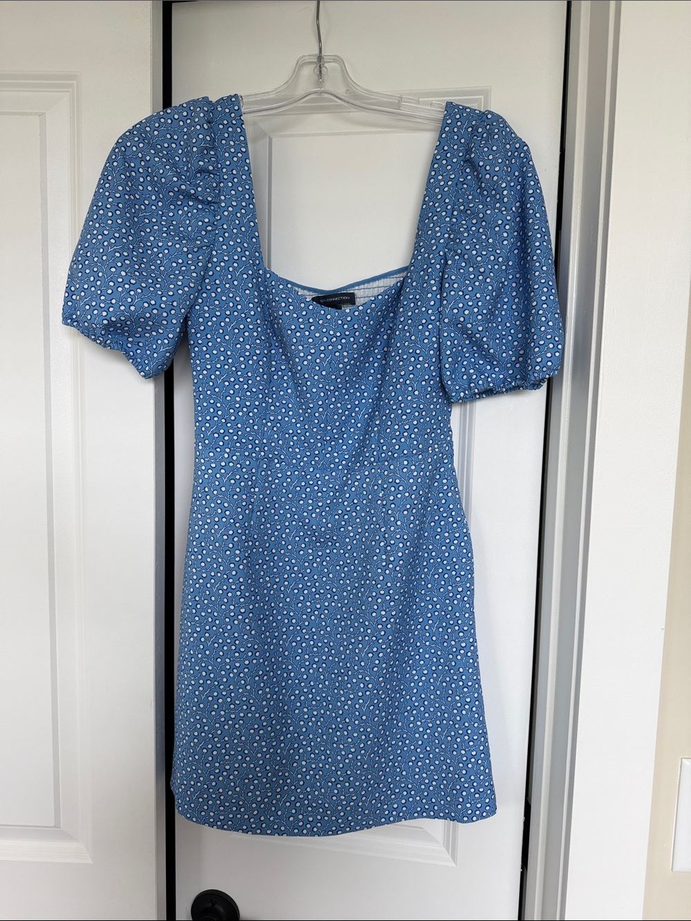 French Connection Blue Puff-Sleeve Mini Dress with White Dot Print